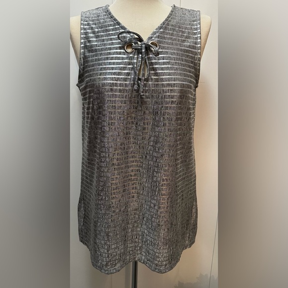 Striped Silver Foil Sleeveless Top Sz Large - Picture 1 of 6